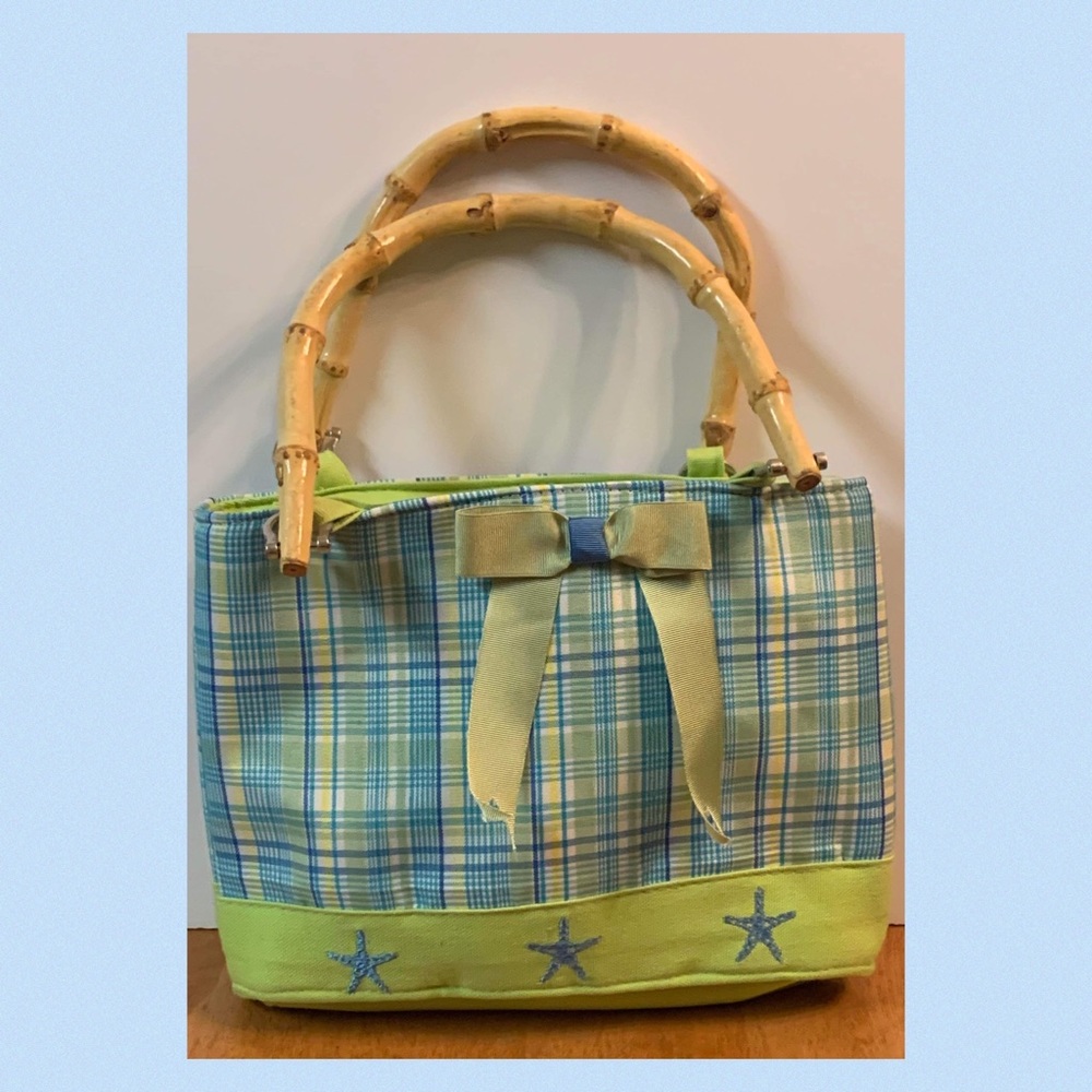 Lime Green Blue and Yellow Plaid Canvas Tote Purse with Starfish Detail